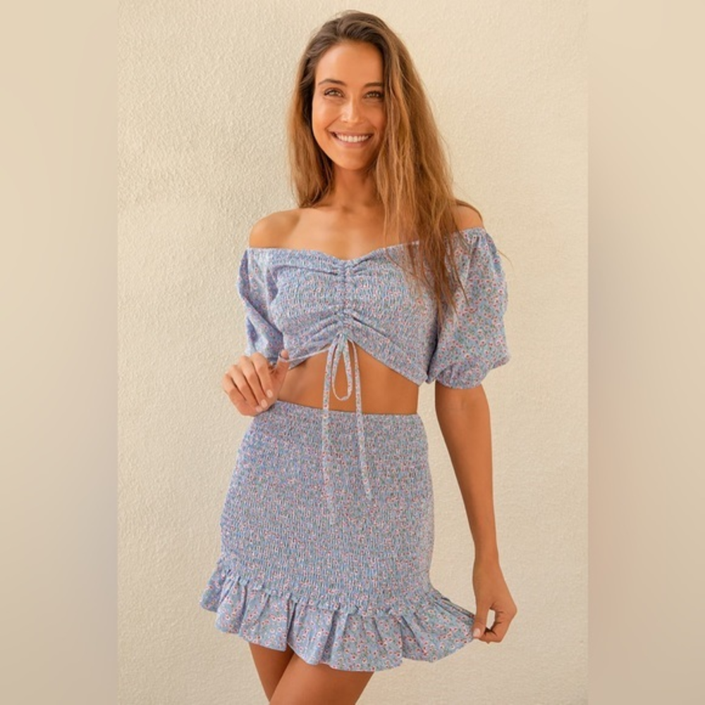 Lulus Sweetie Blue Floral Print Smocked Ruffled Bodycon Mini Skirt‎
